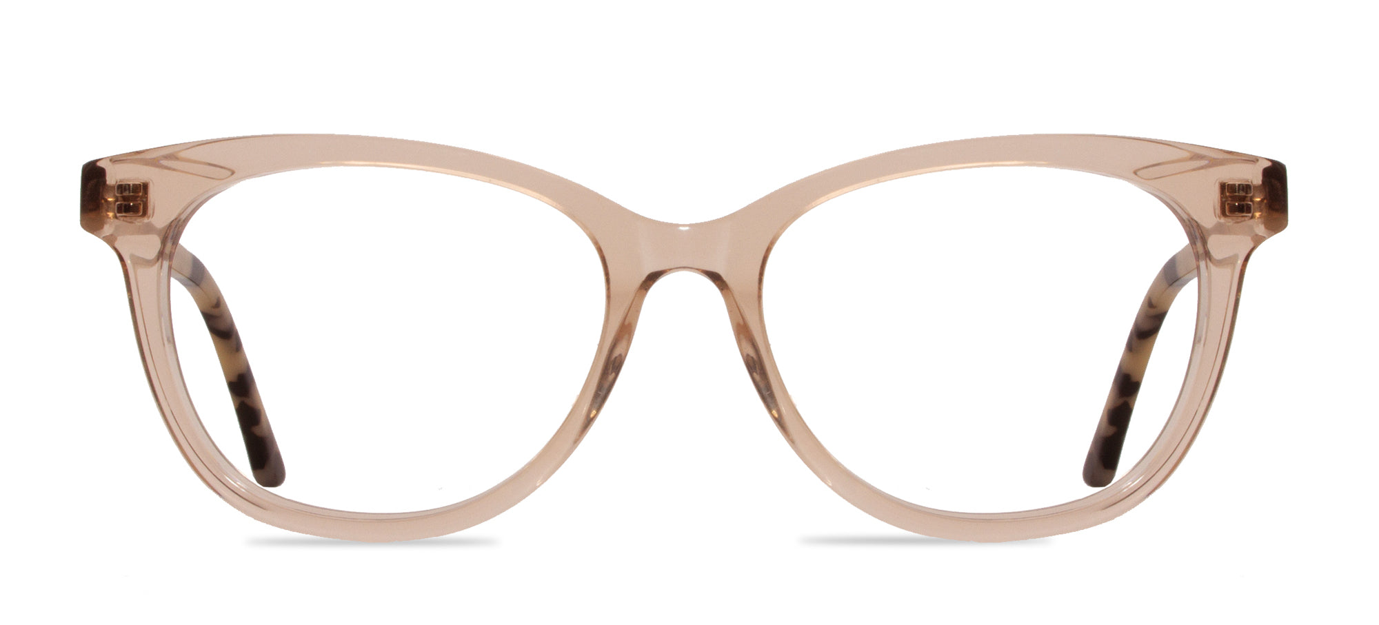 Cat-eye glasses with a beige frame on a white background