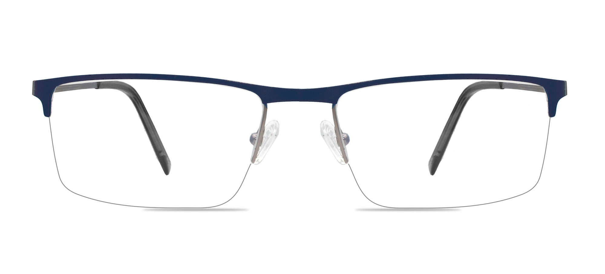 Eyeglasses with a blue frame on a white background