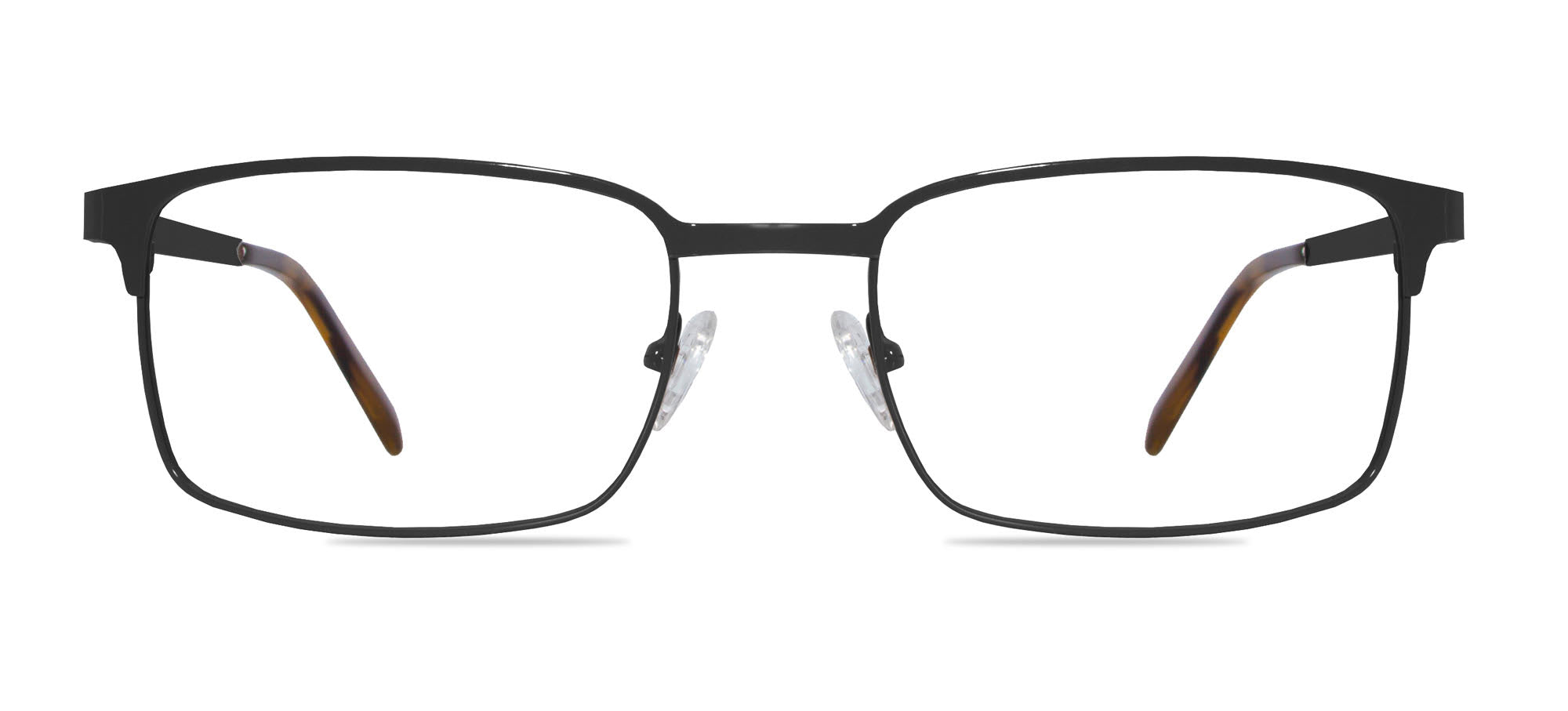 Black eyeglasses with brown accents on a white background