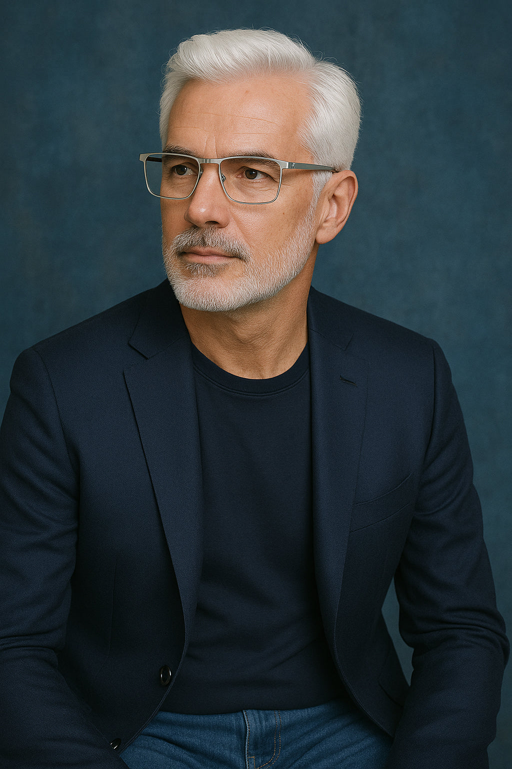 Man with gray hair and glasses wearing a dark blazer over a black shirt against a blue background
