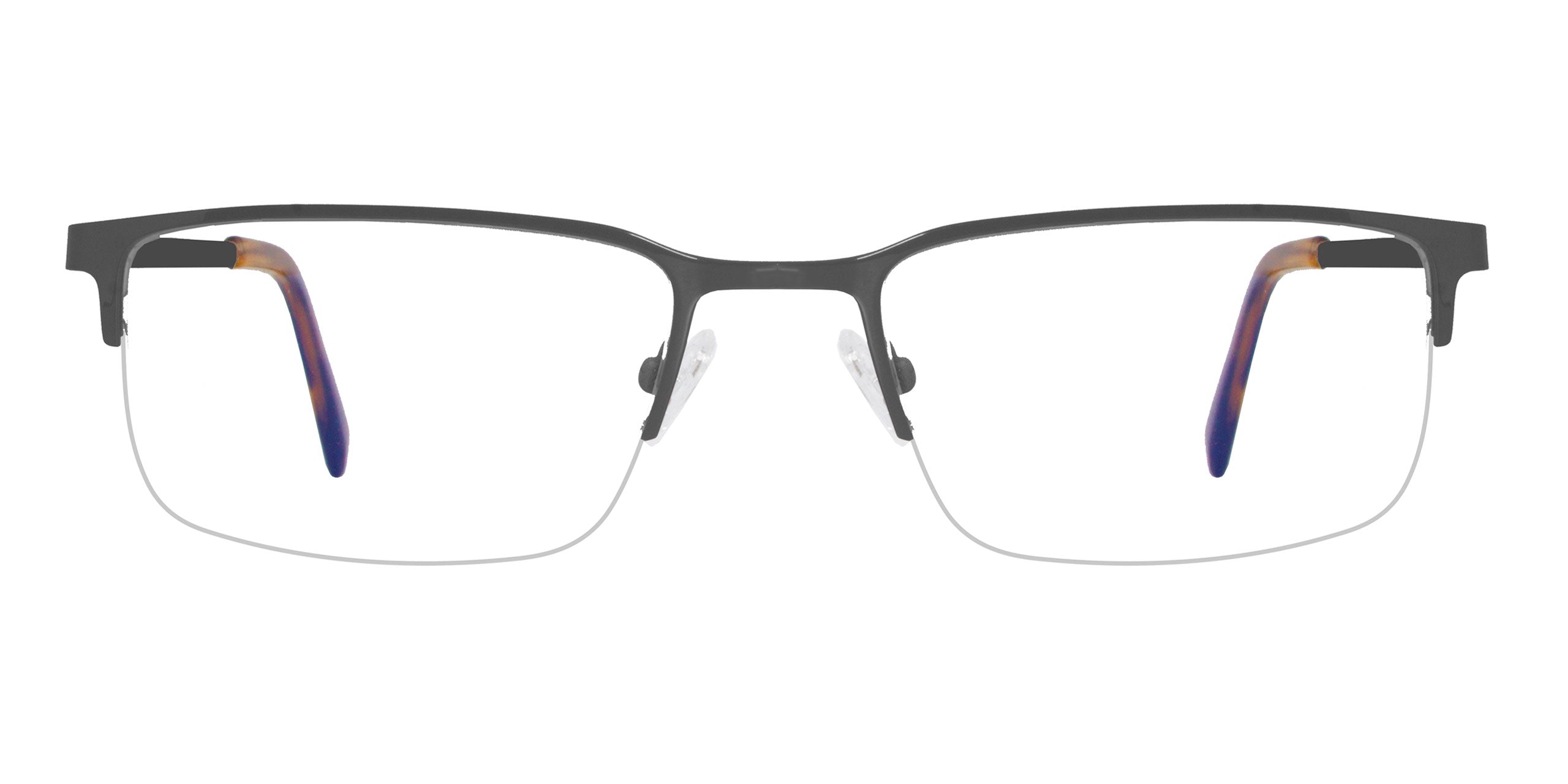 Black eyeglasses with colorful temples on a white background