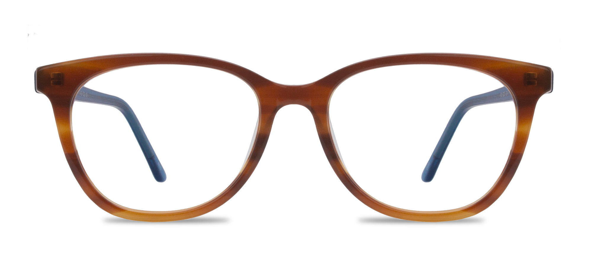 Brown and blue eyeglasses on a white background