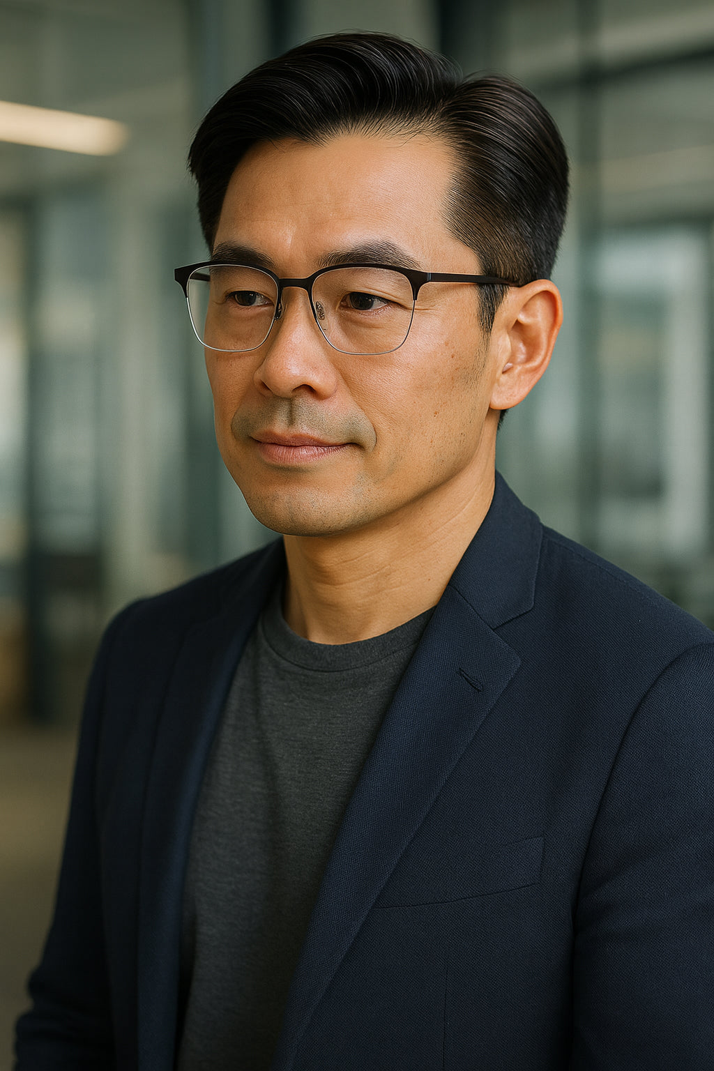 Man wearing glasses and a dark blazer in an indoor setting
