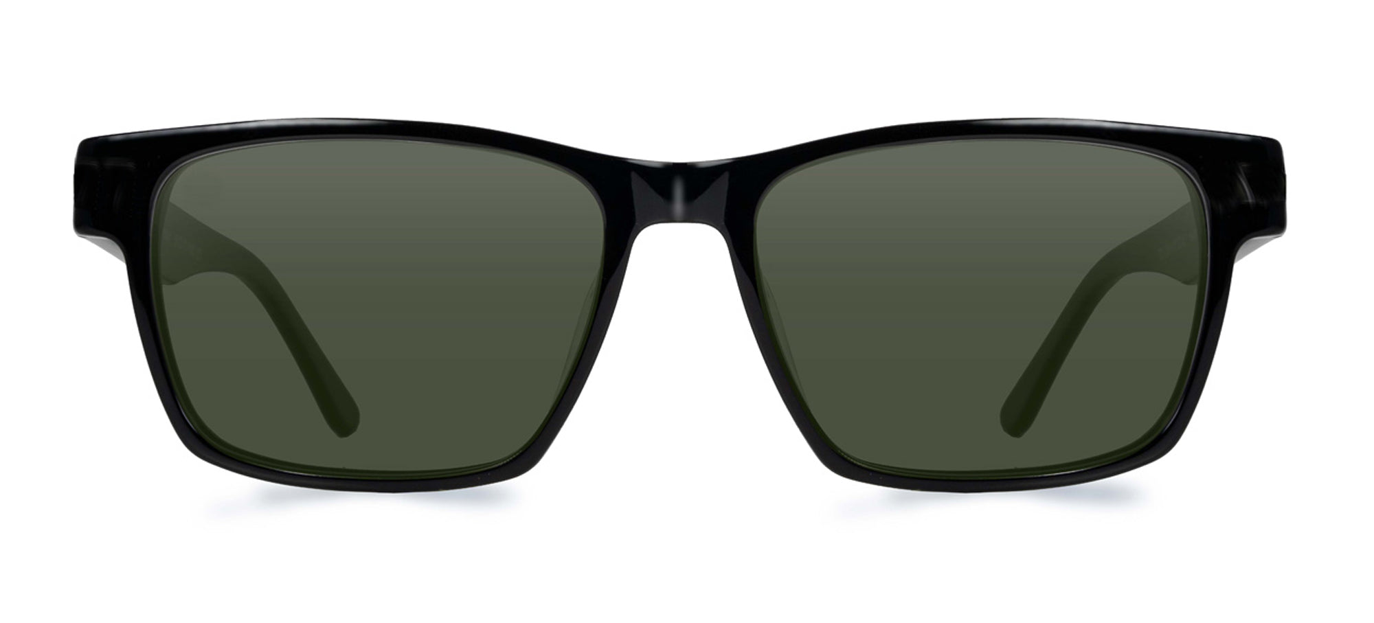 Black sunglasses with dark lenses on a white background