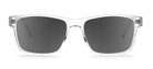 Clear-framed sunglasses with dark lenses on a white background