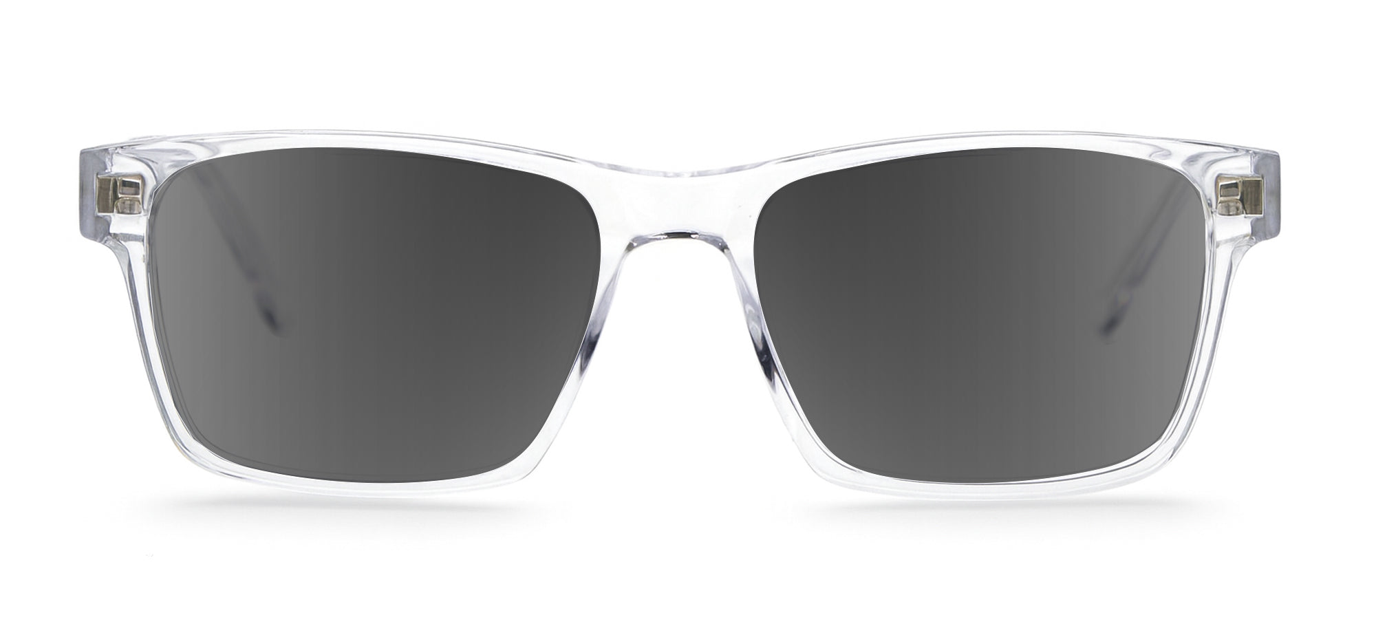 Clear-framed sunglasses with dark lenses on a white background