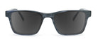 Sunglasses with dark lenses and blue frame on a white background