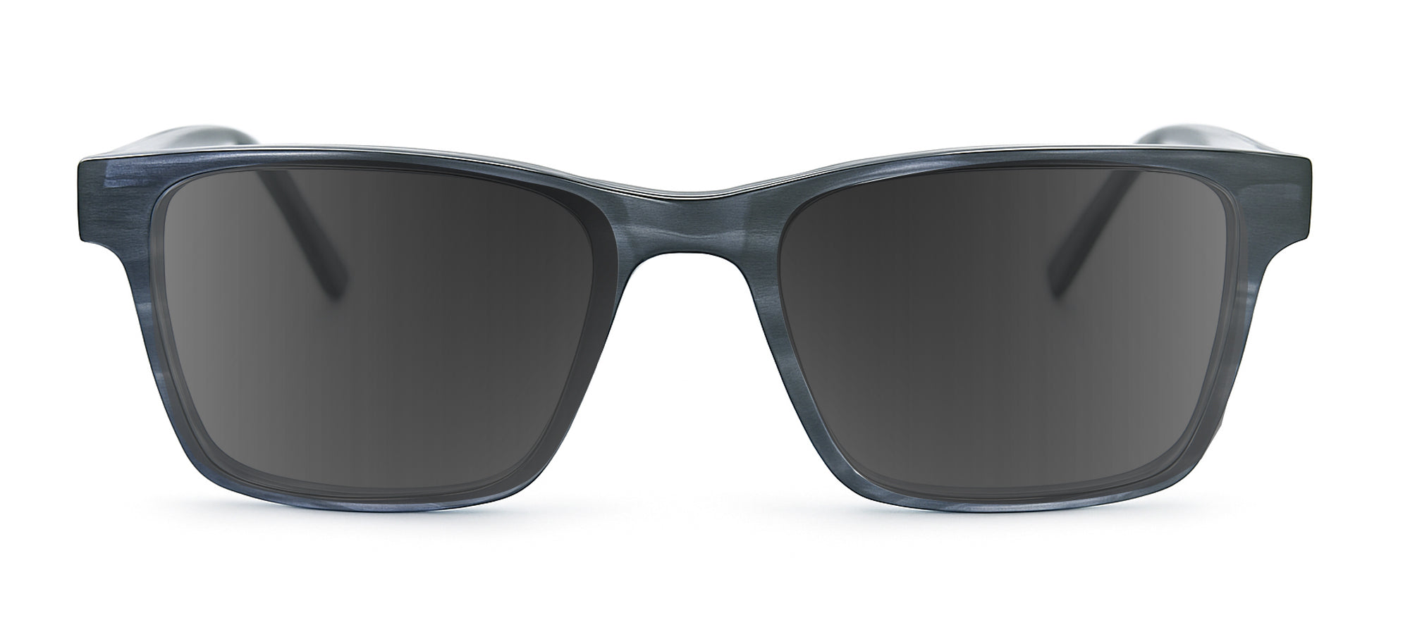 Sunglasses with dark lenses and blue frame on a white background