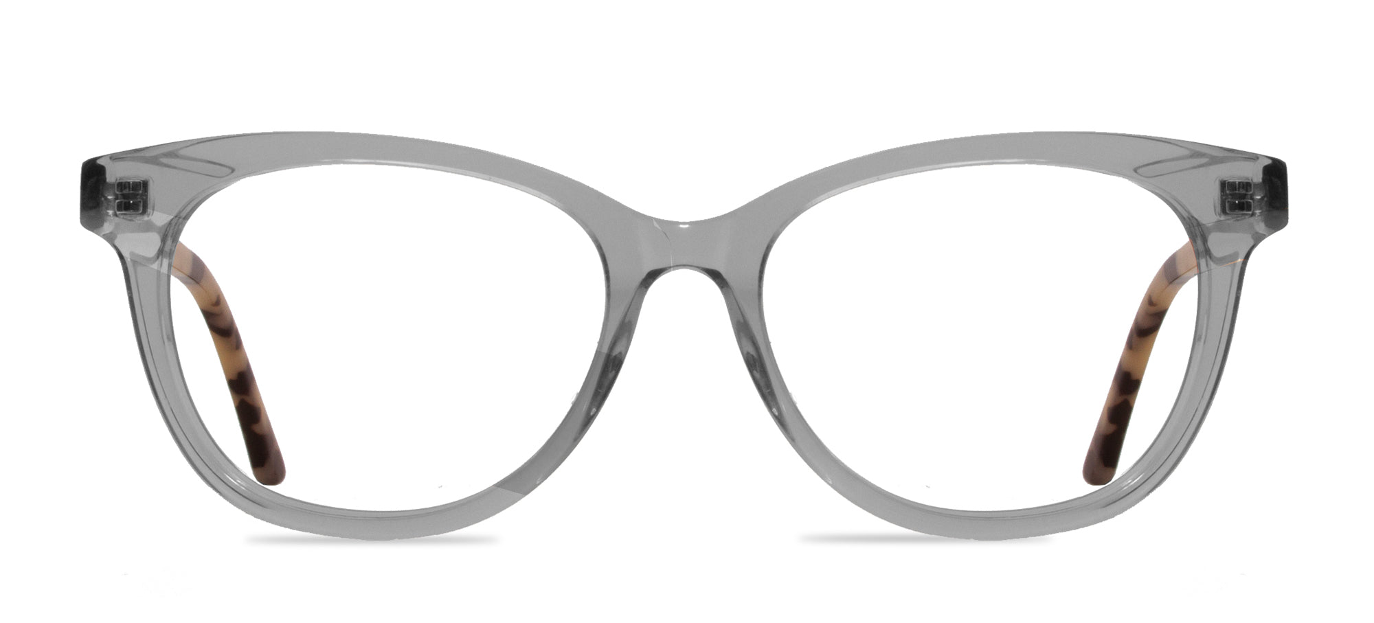 Clear cat-eye glasses with tortoiseshell accents on a white background