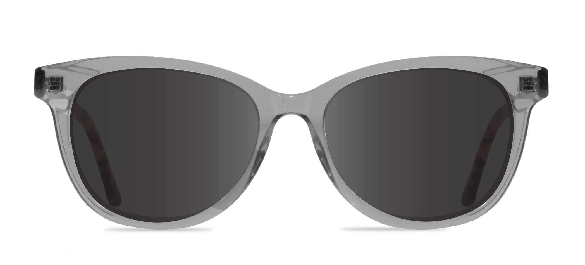 Sunglasses with clear frame and dark lenses on a white background