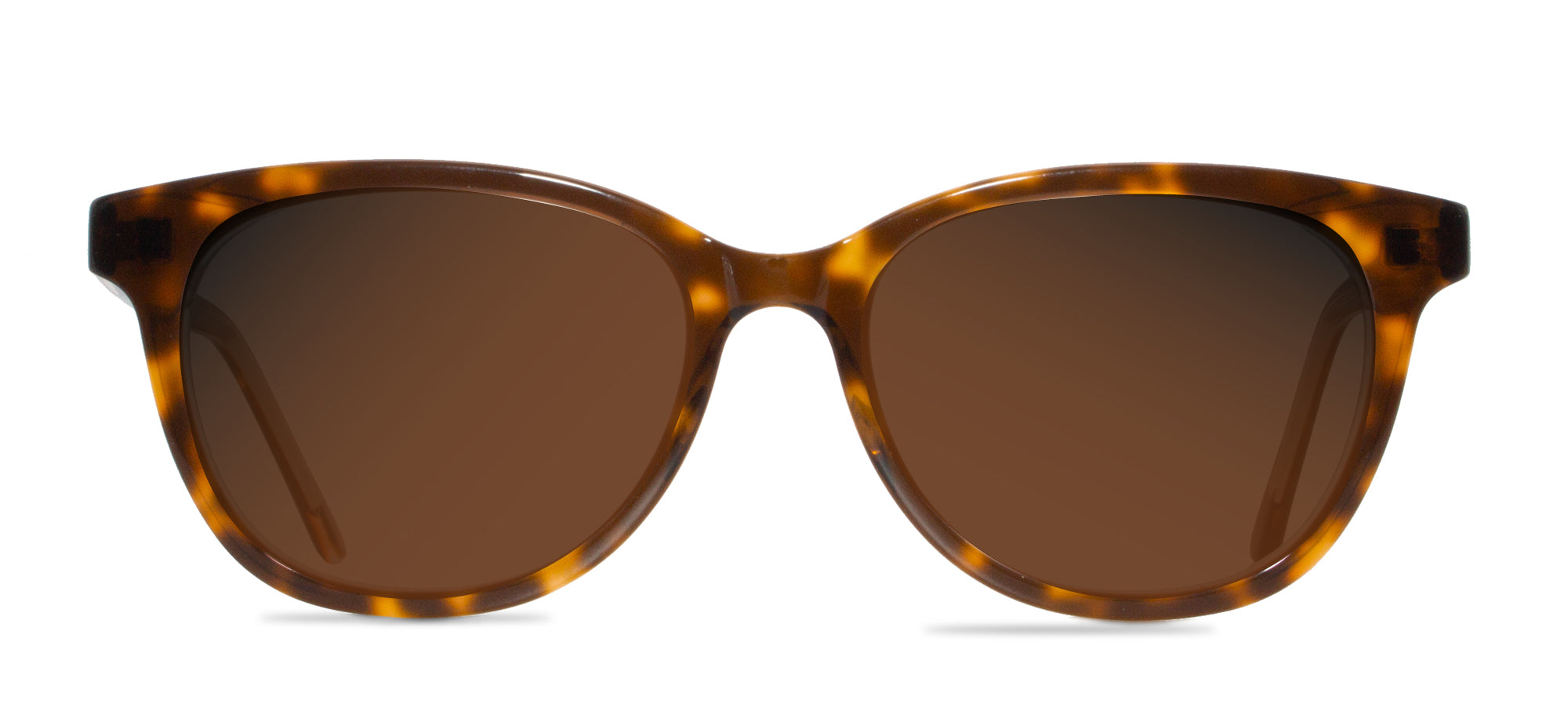 Sunglasses with tortoiseshell frame and brown lenses on a white background