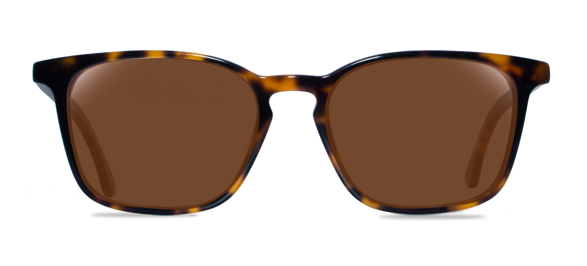 Sunglasses with tortoiseshell frame and brown lenses on a white background