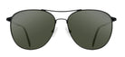 Sunglasses with dark lenses and thin metal frame on a white background