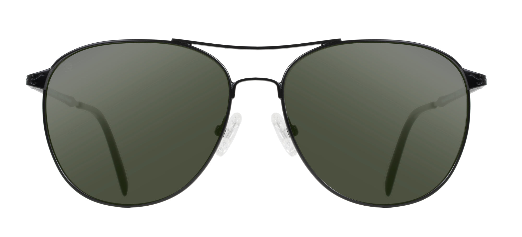 Sunglasses with dark lenses and thin metal frame on a white background