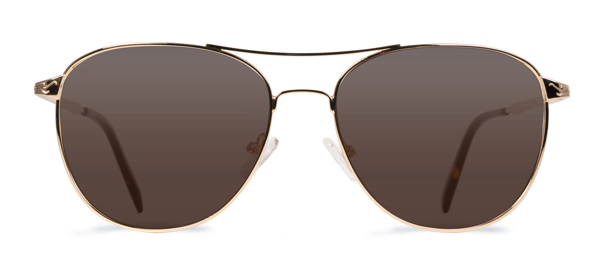 Gold-framed sunglasses with brown lenses on a white background