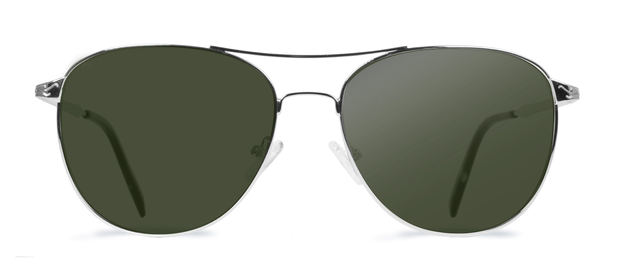 Aviator sunglasses with dark lenses on a white background
