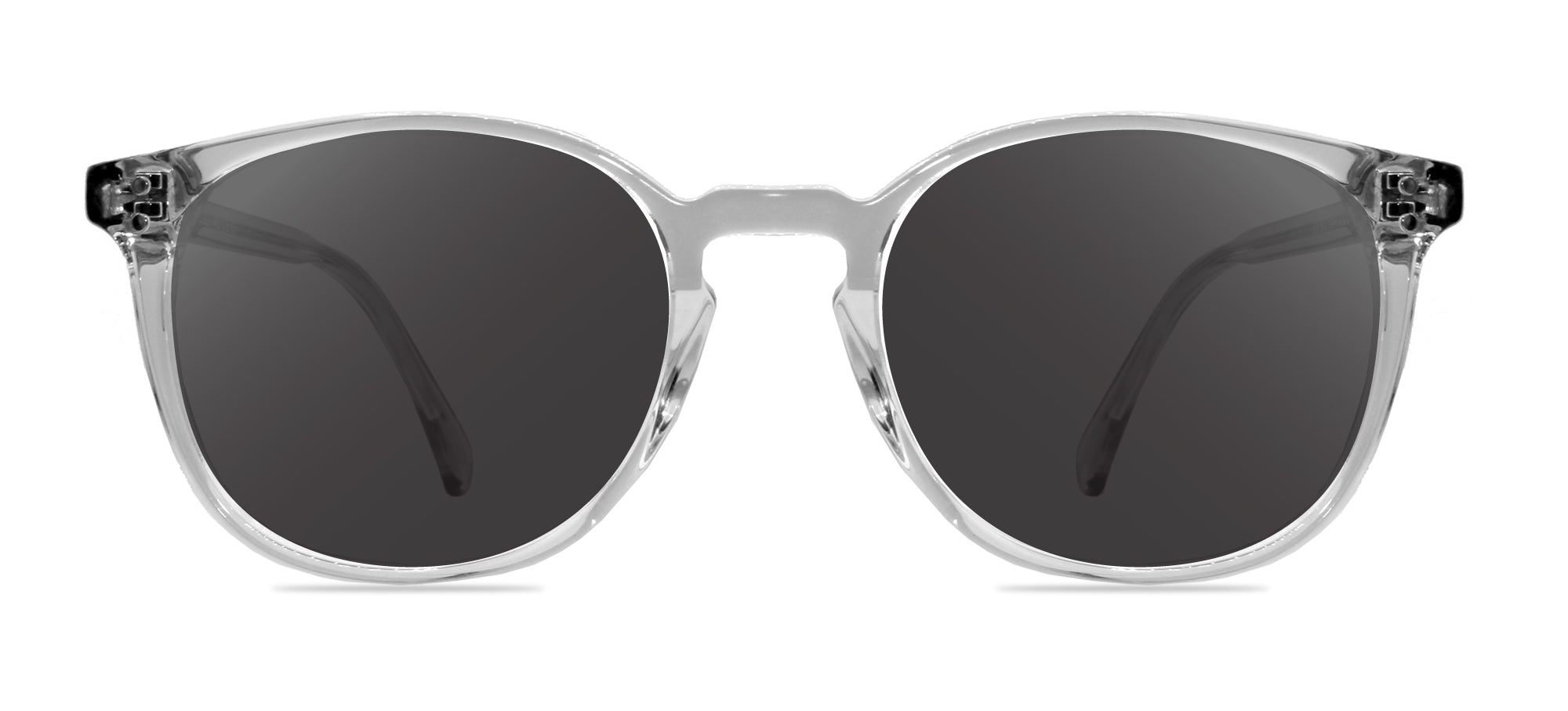 Clear frame sunglasses with dark lenses on a white background