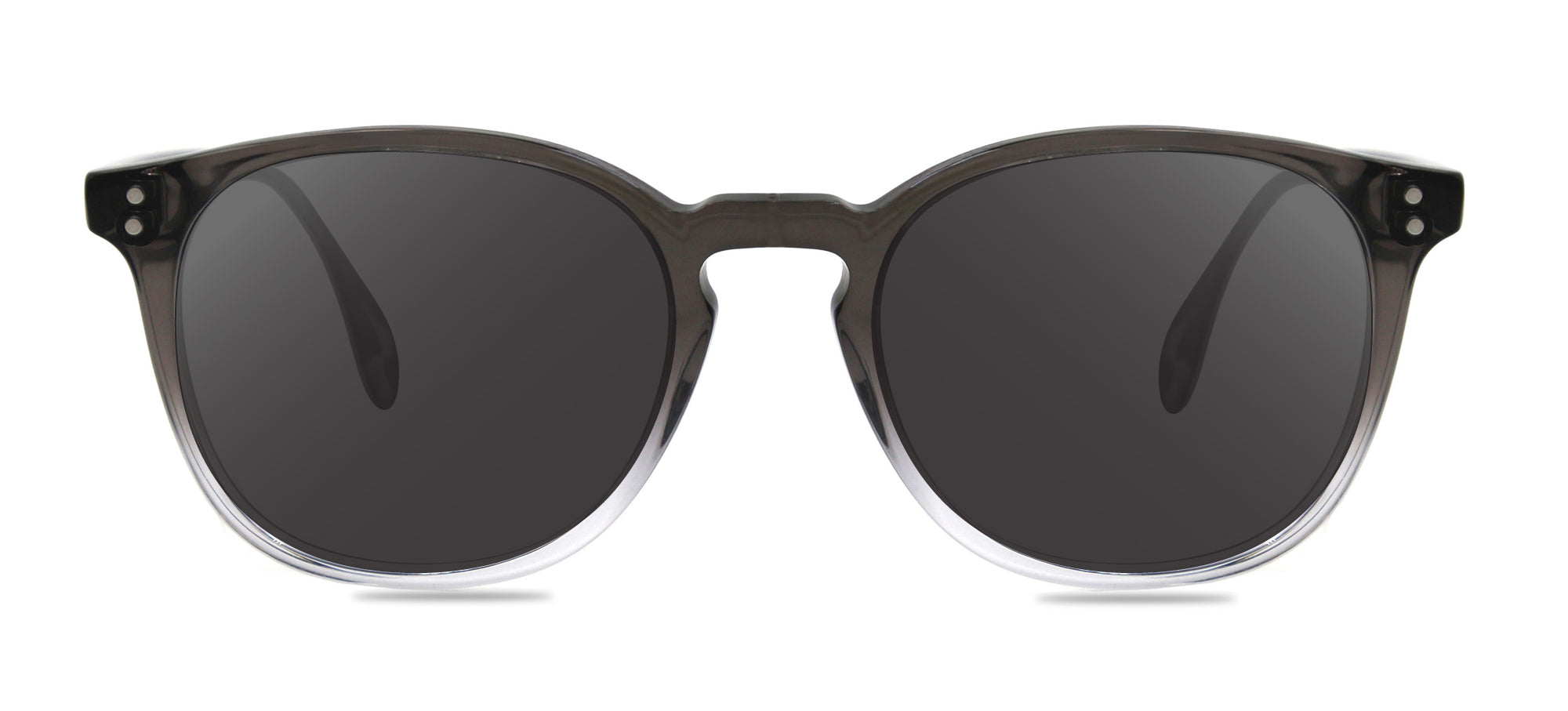 Sunglasses with dark lenses and black frames on a white background