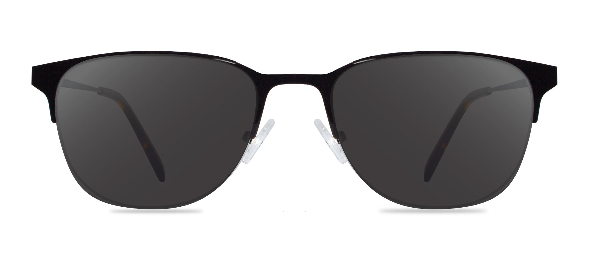 Black sunglasses with dark lenses on a white background