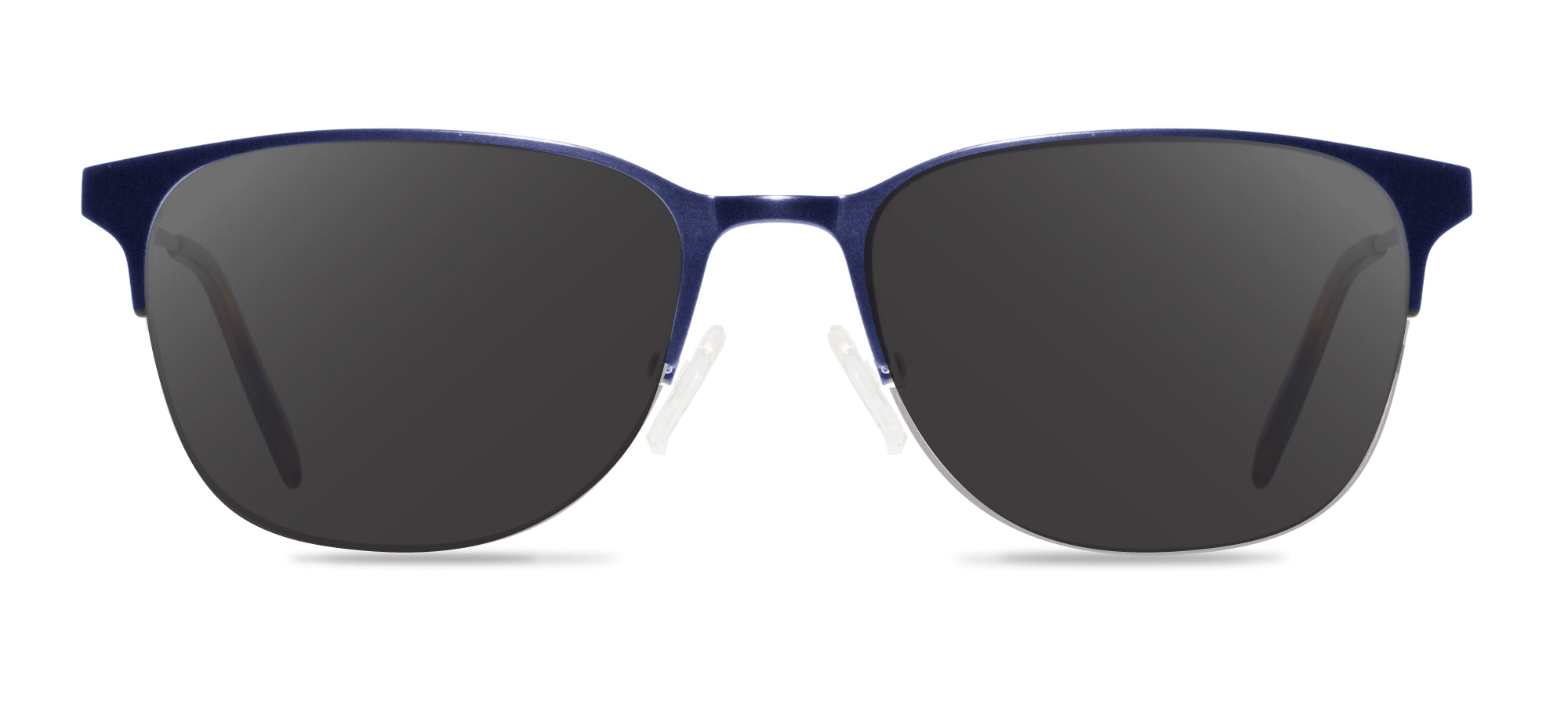 Sunglasses with dark lenses and blue frame on a white background