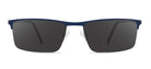 Sunglasses with dark lenses and blue frame on a white background