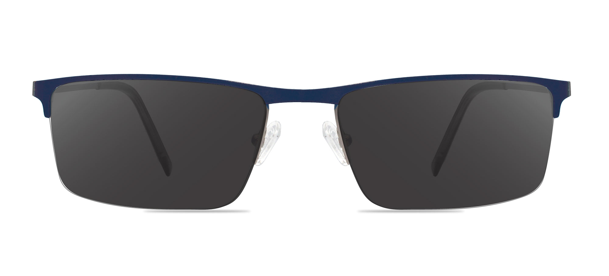 Sunglasses with dark lenses and blue frame on a white background