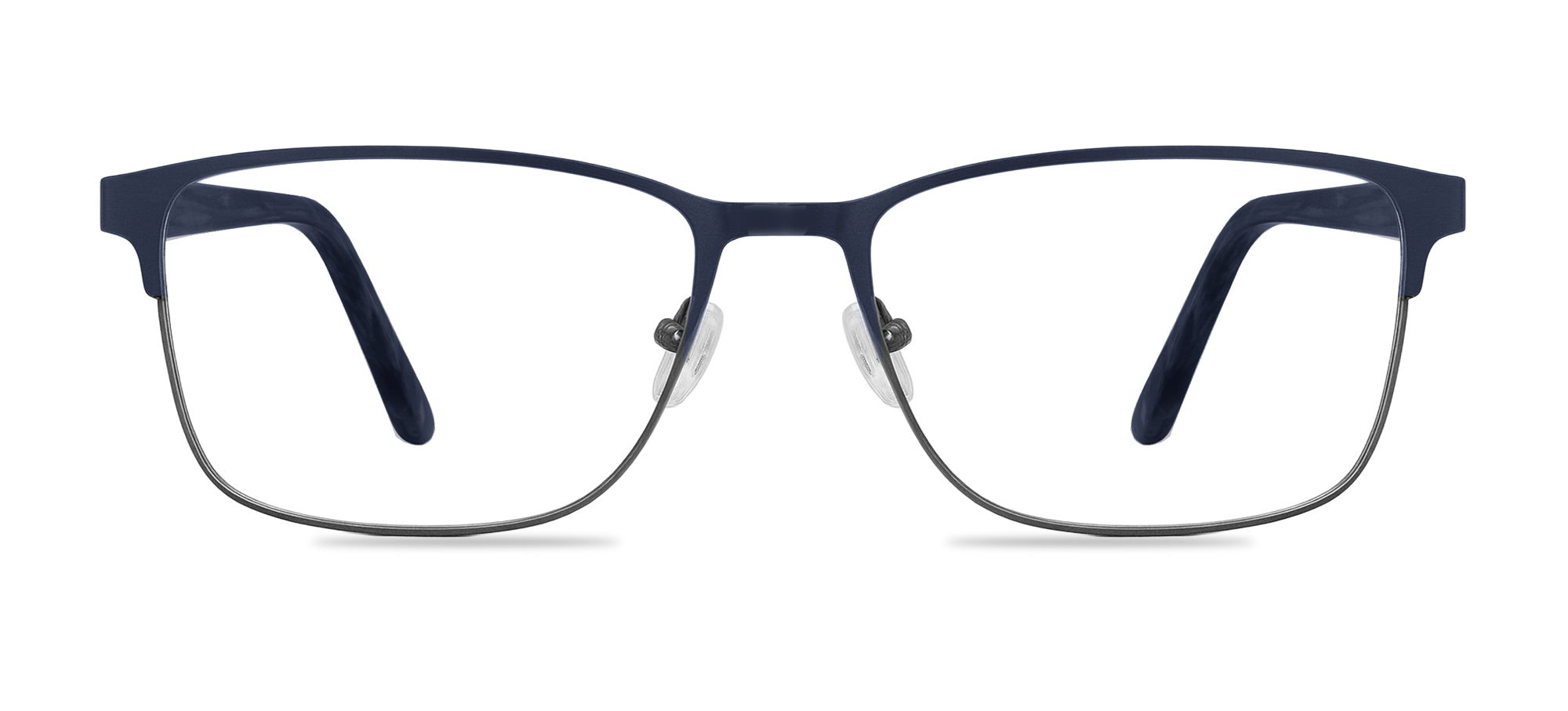 Navy blue eyeglasses on a white background