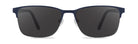 Sunglasses with dark lenses and blue frame on a white background