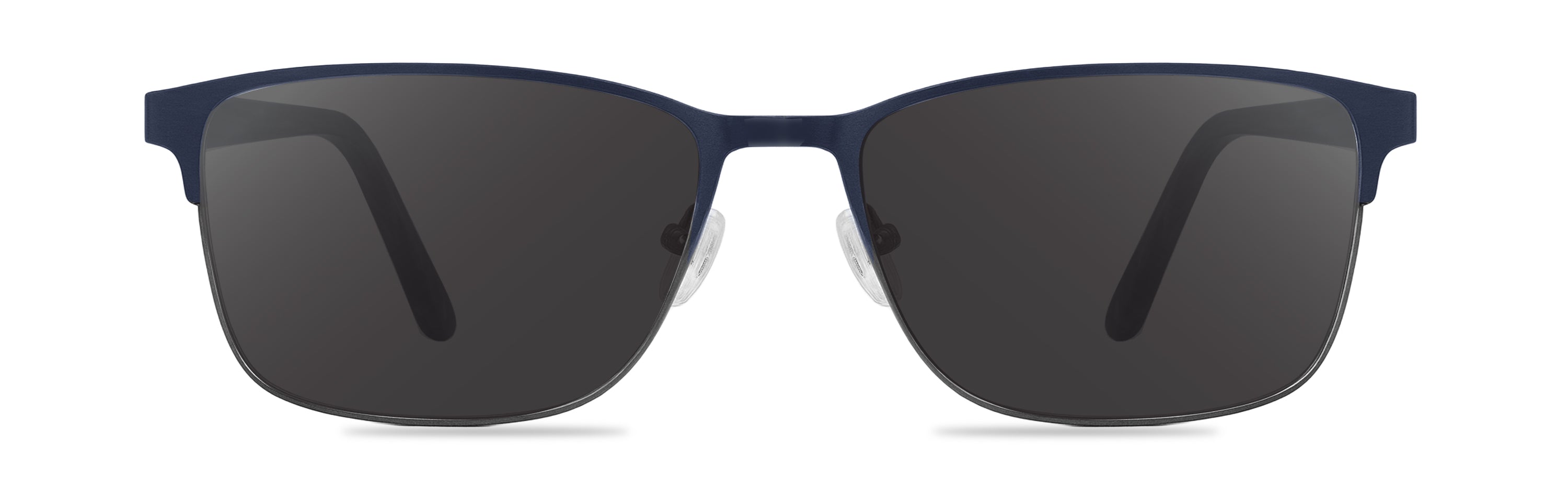 Sunglasses with dark lenses and blue frame on a white background