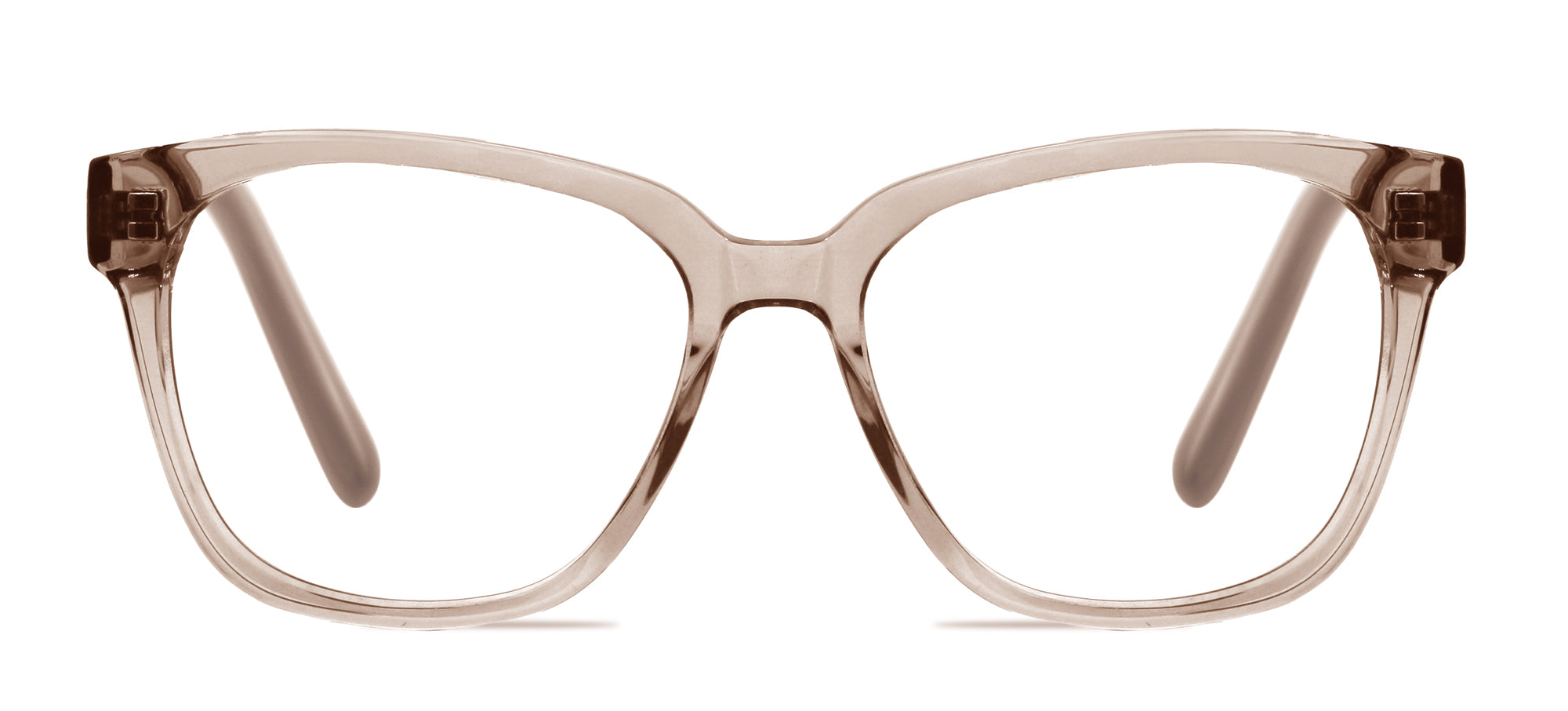 Cat-eye glasses with a beige frame on a white background
