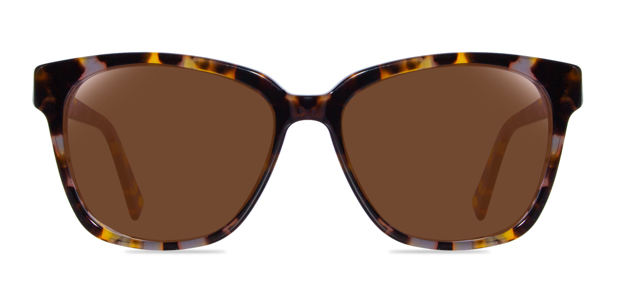 Sunglasses with tortoiseshell frame and brown lenses on a white background