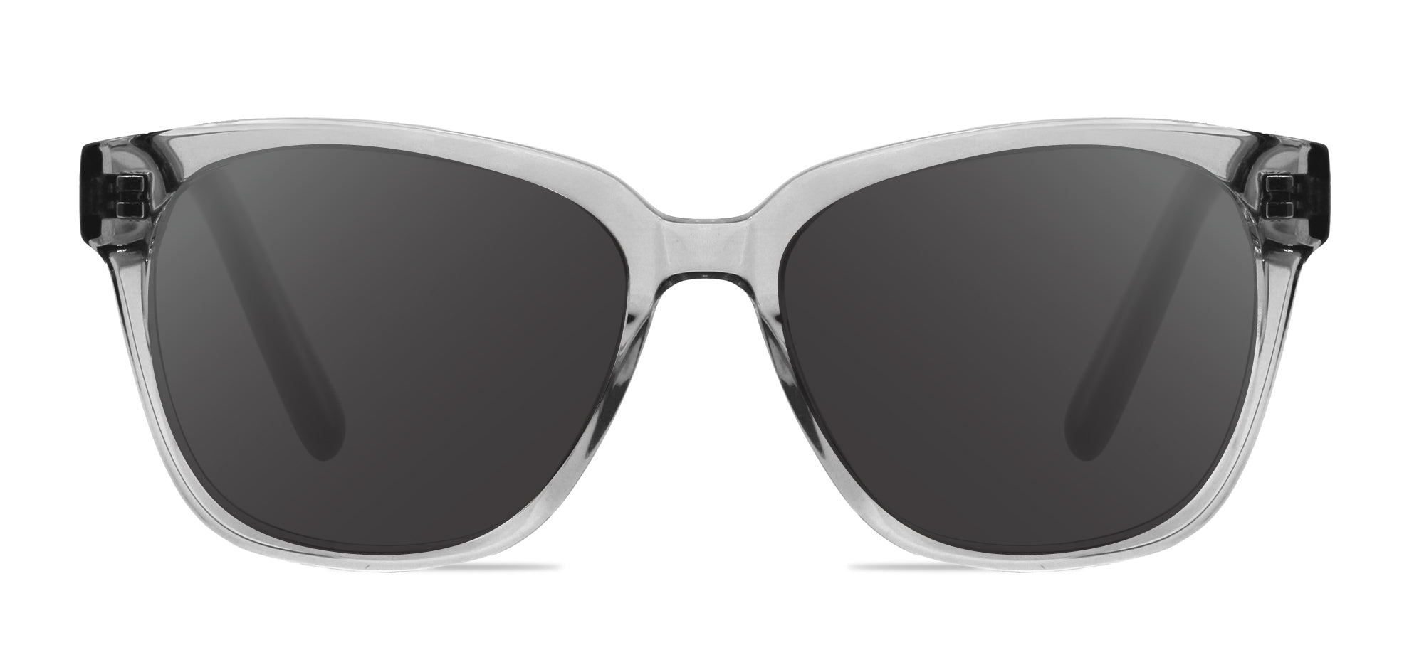 Clear frame sunglasses with dark lenses on a white background
