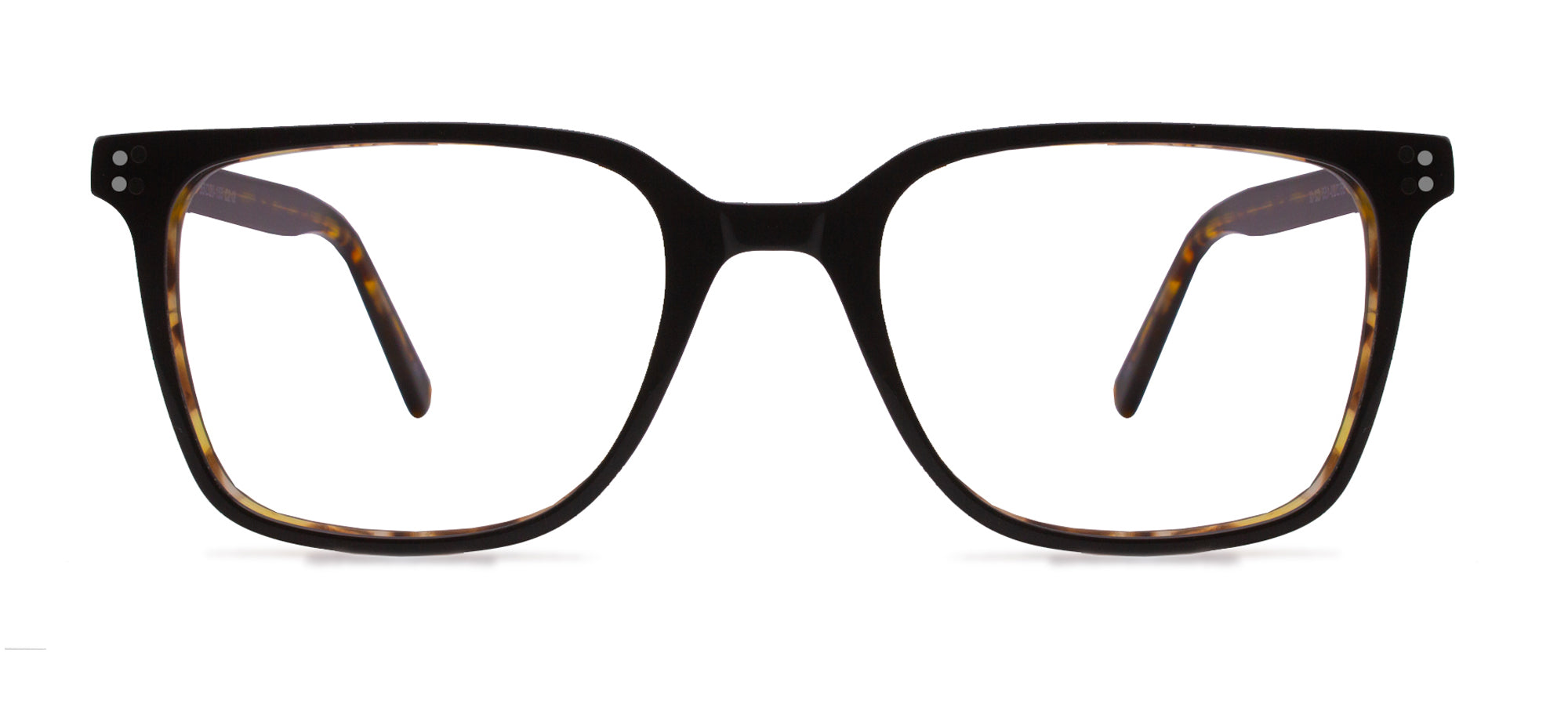 Black eyeglasses with tortoiseshell accents on a white background