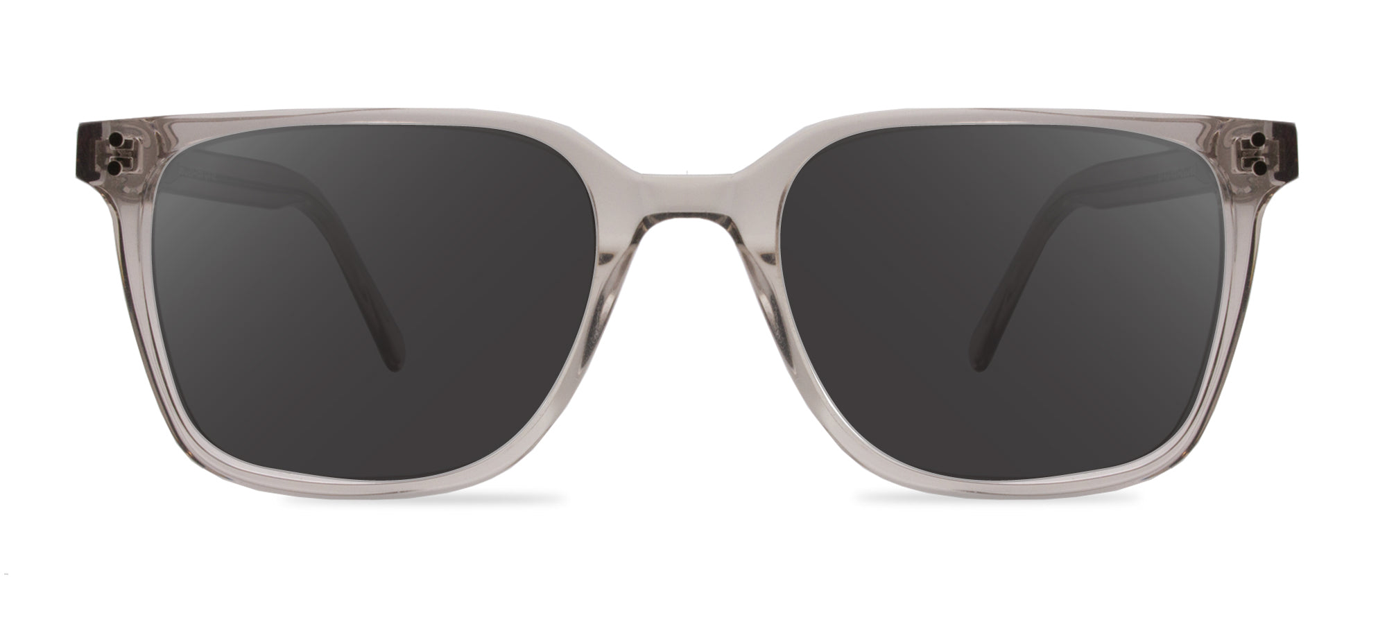 Sunglasses with dark lenses and a clear frame on a white background