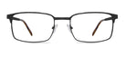 Black eyeglasses with brown temple tips on a white background