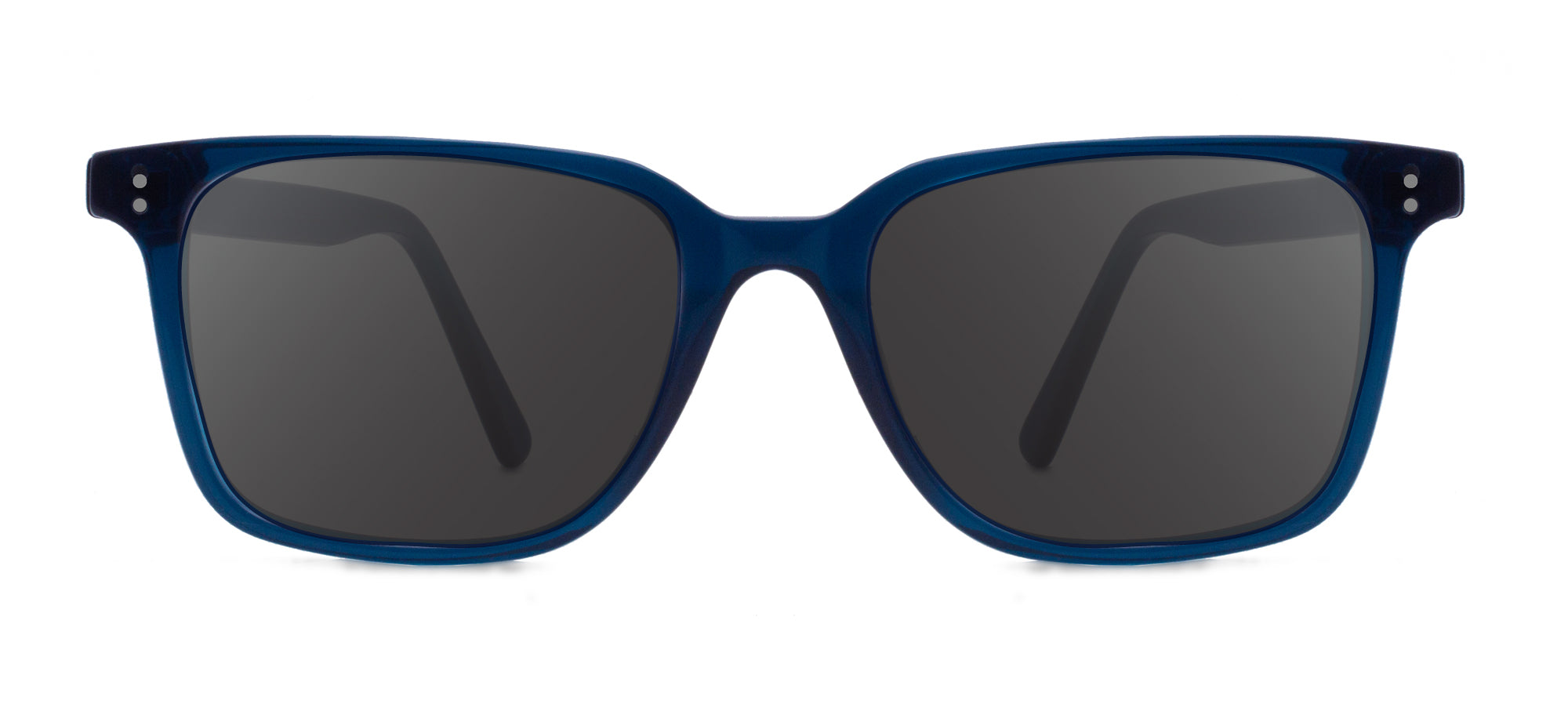 Blue sunglasses with dark lenses on a white background