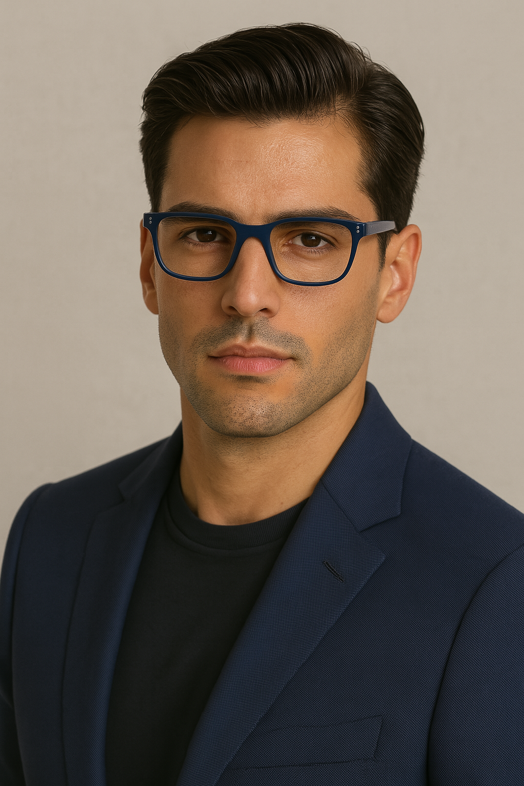 Man wearing a dark blue blazer and glasses against a neutral background