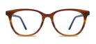 Brown and blue eyeglasses on a white background