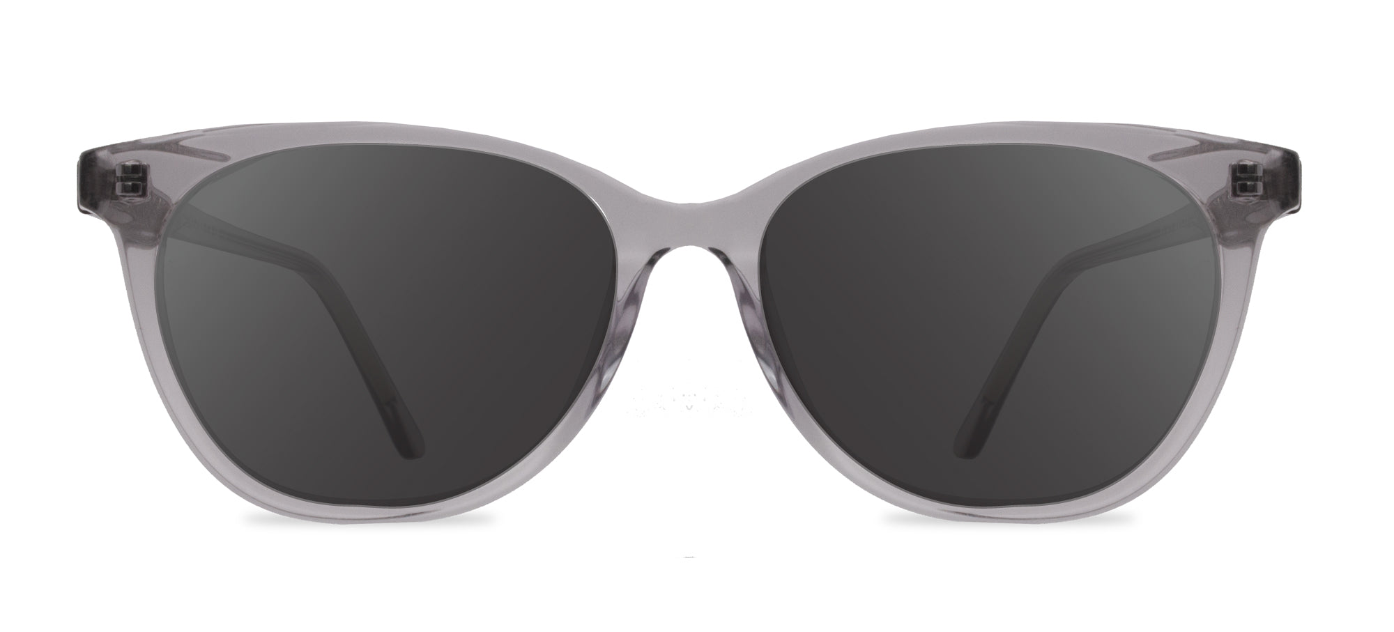 Sunglasses with gray frames and dark lenses on a white background