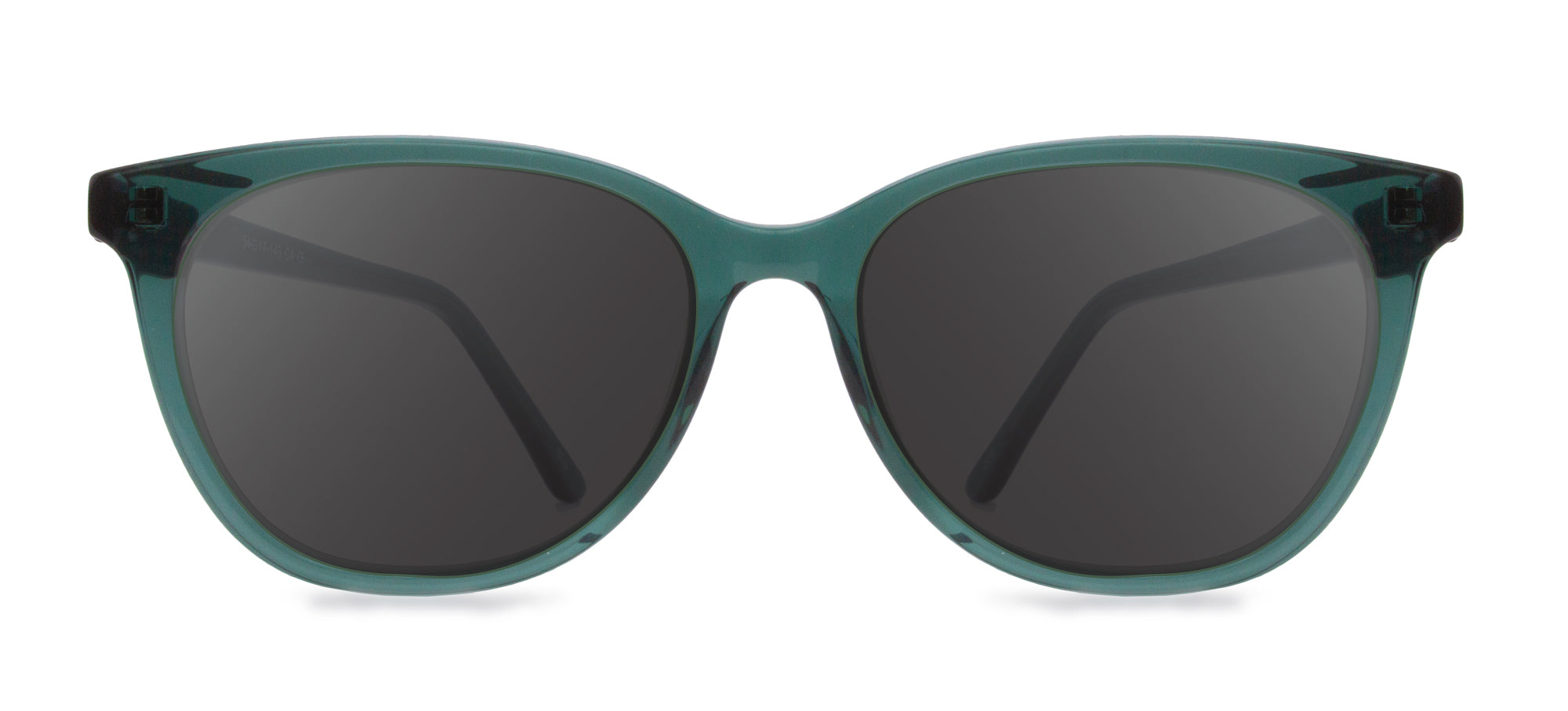 Teal sunglasses with dark lenses on a white background