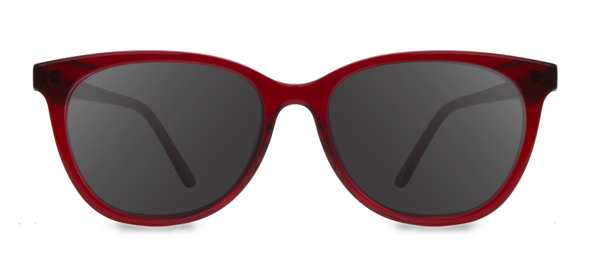 Red sunglasses with dark lenses on a white background