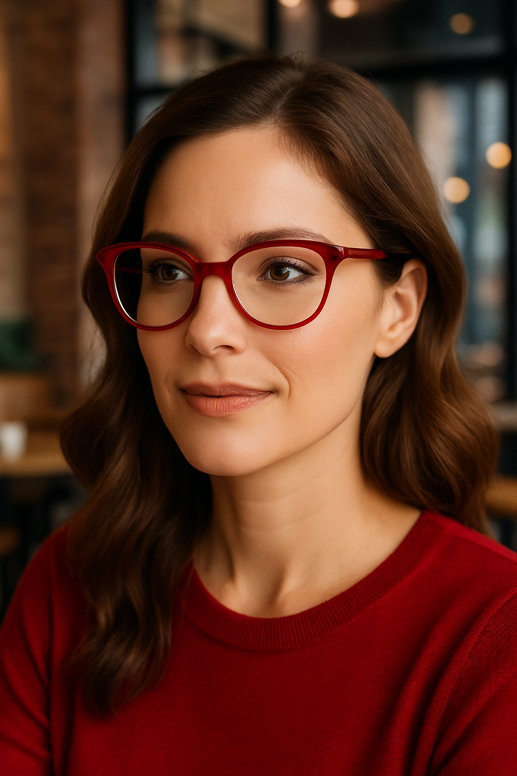 Woman wearing red glasses and a red sweater in a blurred indoor setting