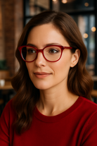 Woman wearing red glasses and a red sweater in a blurred indoor setting