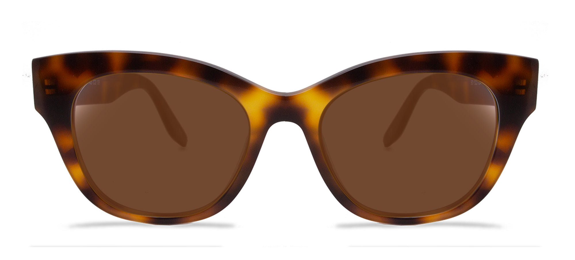 Tortoiseshell sunglasses with brown lenses on a white background