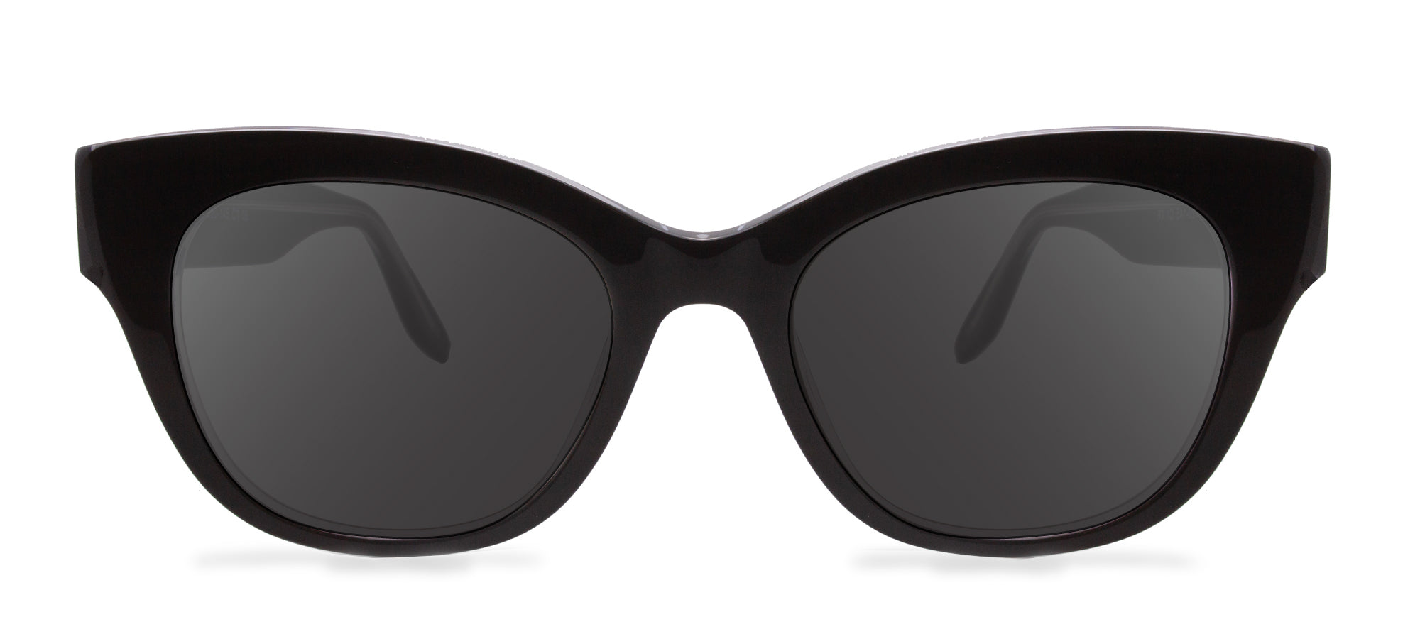 Black cat-eye sunglasses with dark lenses on a white background