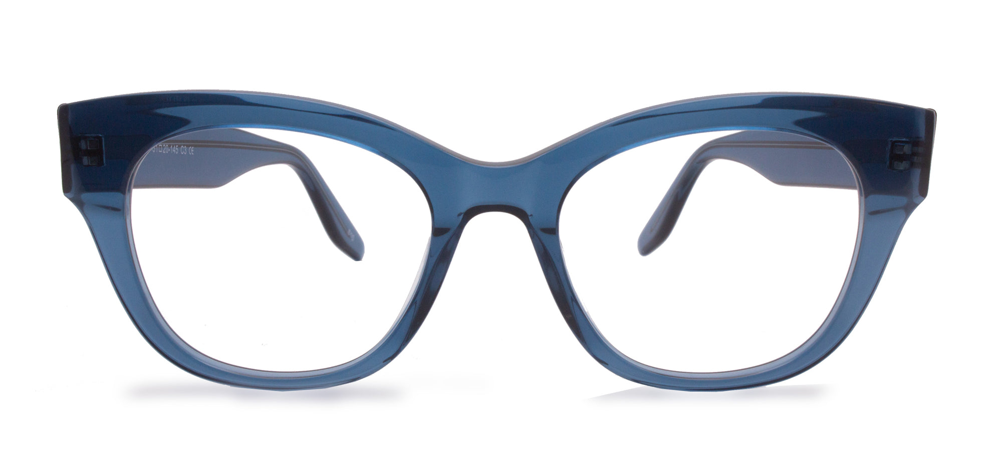 Blue cat-eye glasses on a white background
