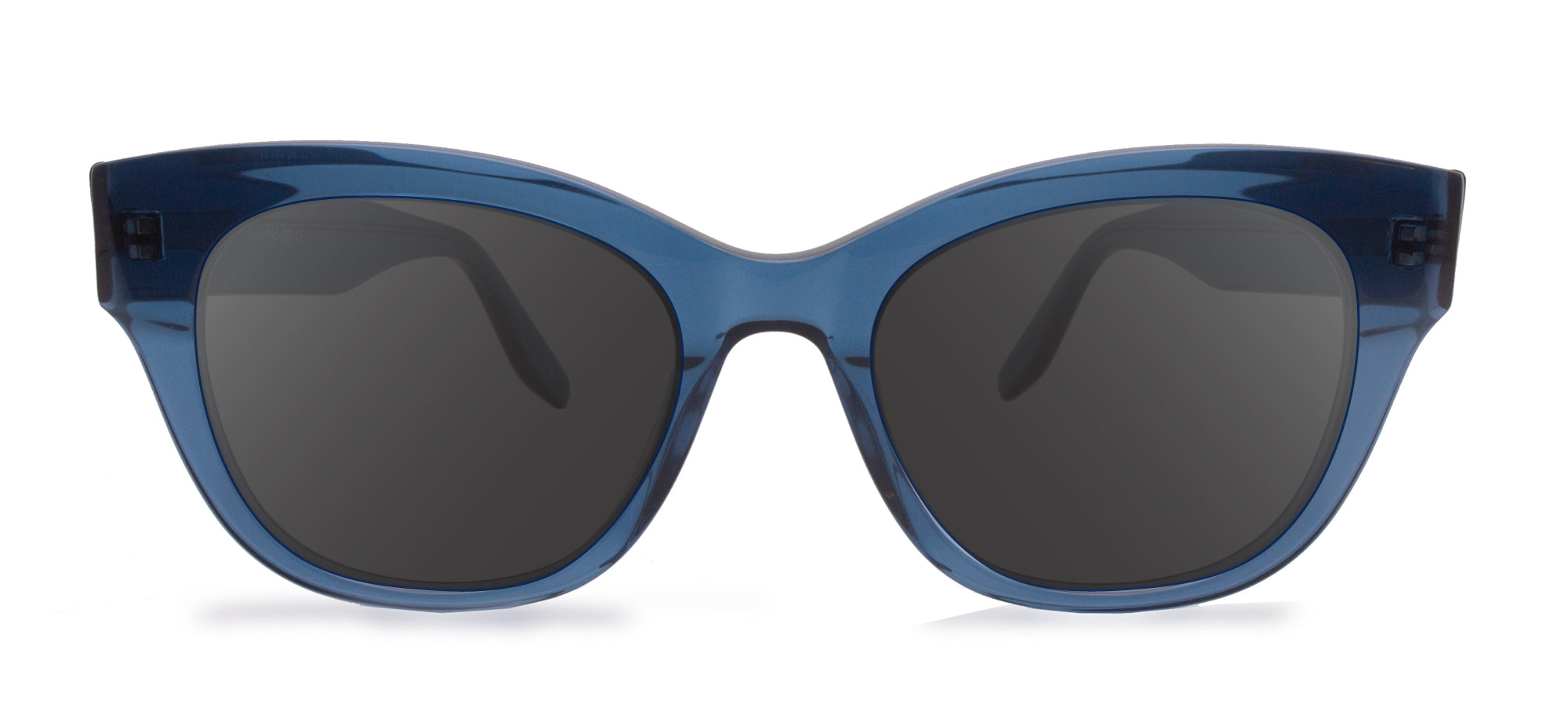 Blue sunglasses with dark lenses on a white background