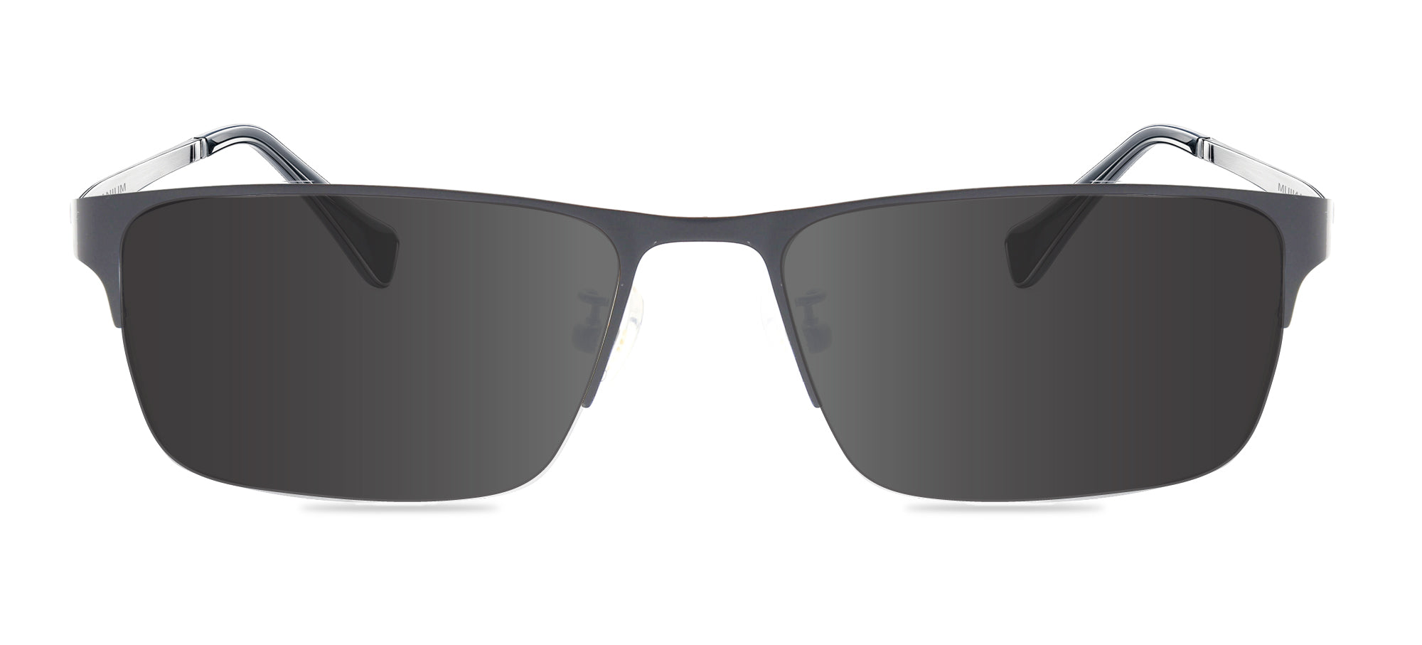 Sunglasses with dark lenses and silver frame on a white background