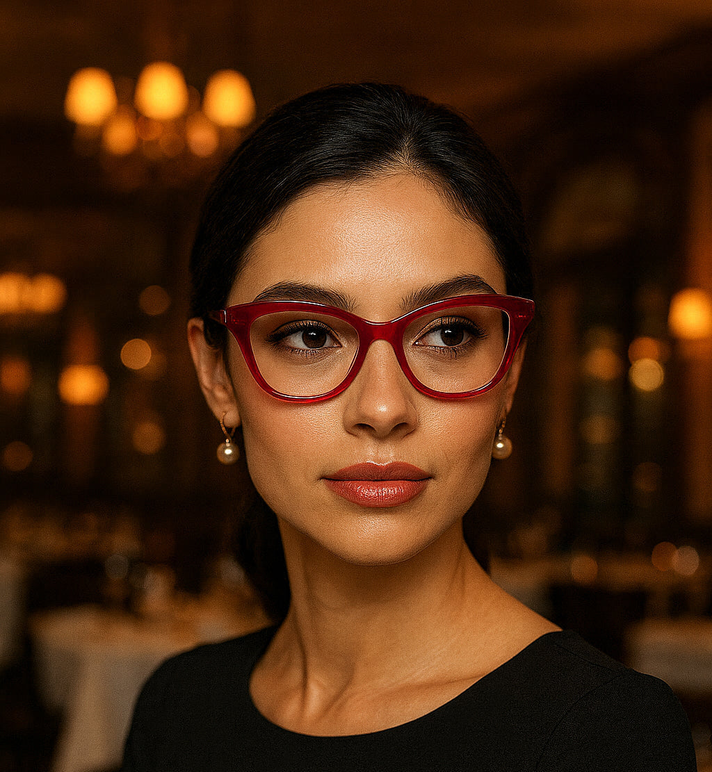 Woman wearing red glasses in a dimly lit indoor setting