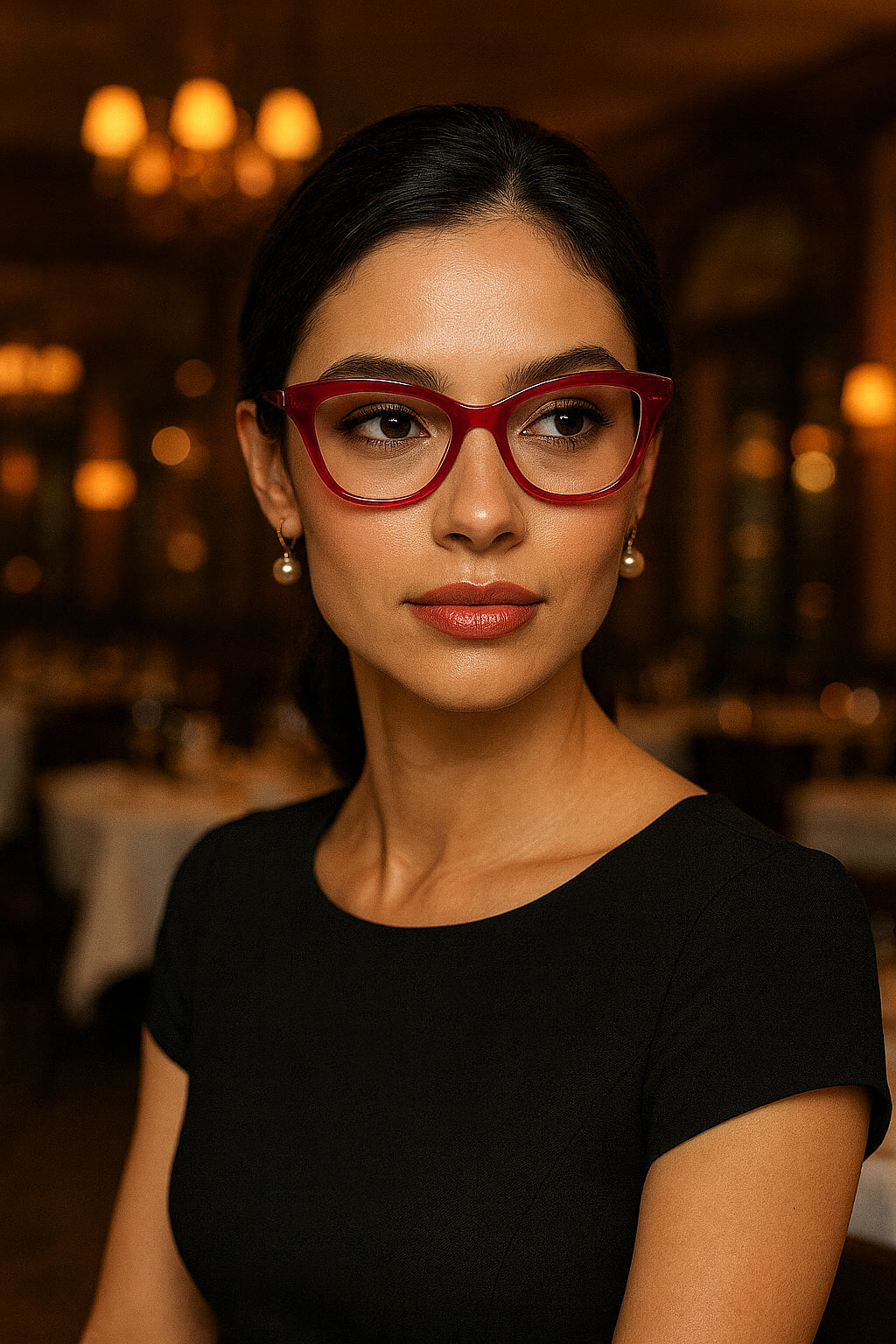 Woman wearing red glasses in a dimly lit indoor setting